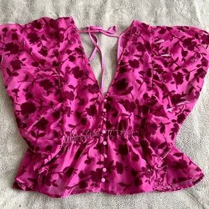 Sheer fuchsia butterfly peplum top - size L